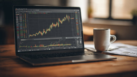 Stock price movements appear on a laptop as documents and coffee rest neatly on a contemporary wooden workspace.の写真素材
