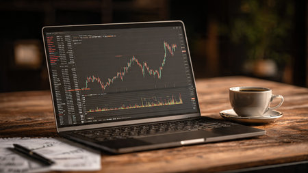 Real-time market graphs appear on laptop while coffee and notes complete the workspace.の写真素材
