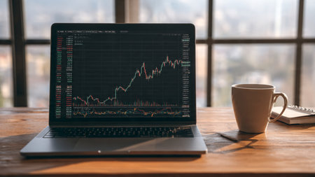 A workstation displaying detailed stock metrics on laptop alongside classic coffee.の写真素材