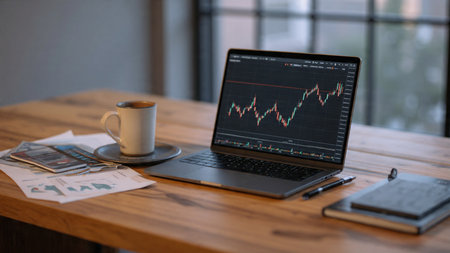 A financial-themed desk scene with laptop, data charts, documents, and coffee mug.の写真素材