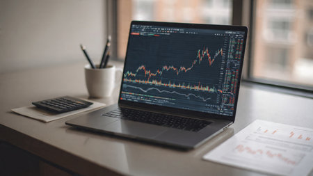 Financial analysis appears on laptop surrounded by strategic notes and caffeine.の写真素材