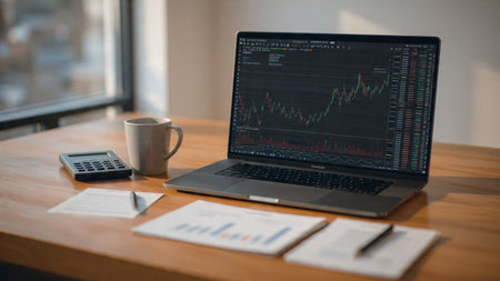 Laptop showing real-time stock flow sits beside reports and coffee on a clean desk.の写真素材