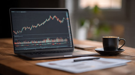 Market analysis tools are shown on a laptop placed next to notes and coffee on a warm wooden surface.の写真素材