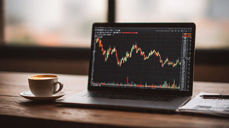 A minimal trading desk with stock charts glowing beside research documents and a warm drink.の写真素材