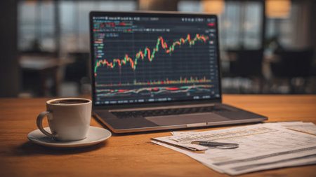 A modern wooden workspace with economic dashboards glowing on a laptop and supporting documents.の写真素材