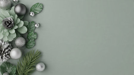 A professional top-view layout with balanced green and silver decorations for product display.の写真素材