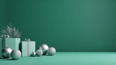 A classic winter border of deep green tones and bright silver stars forming a festive frame.の写真素材