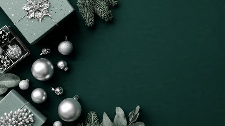 A contemporary green-and-silver layout with crisp ornaments framing a clean empty space.の写真素材