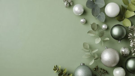 A clean festive design using matte green textures and shiny silver decorative lines.の写真素材