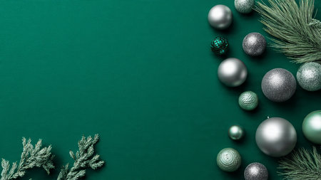A soft and elegant festive border using pale green ornaments and cool-toned silver accents.の写真素材