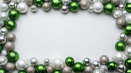 A festive border made of deep green baubles and shimmering metallic silver ribbons.の写真素材