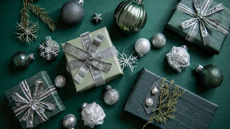 Green monochrome Christmas frame elevated by shiny silver highlights and simple gift boxes.の写真素材