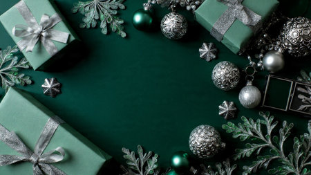 A cozy holiday frame featuring textured green fabric, silver snowflakes, and small wrapped presents.の写真素材