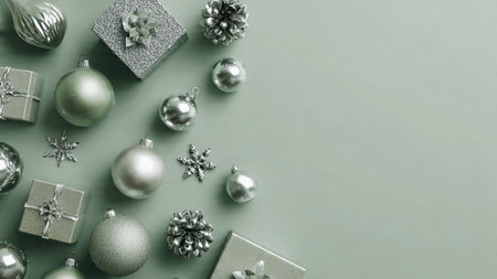 A festive border with balanced green decorations and polished silver accents.の写真素材