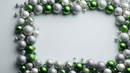 Aesthetic frame with misty green background and small reflective silver pieces.の写真素材