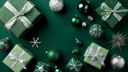 Elegant holiday frame with a cool mint-green background and delicate silver accents.の写真素材