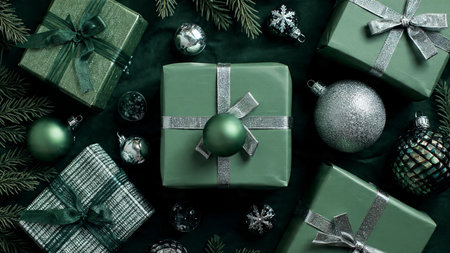 A festive Christmas border composed of matte green ornaments and glitter silver snowflakes.の写真素材
