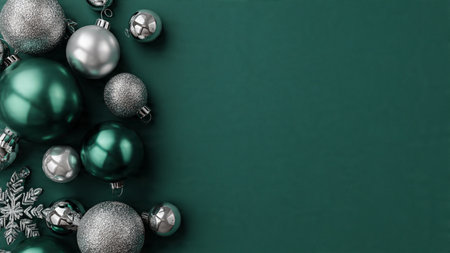 A modern green holiday mockup with clean silver baubles arranged vertically.の写真素材