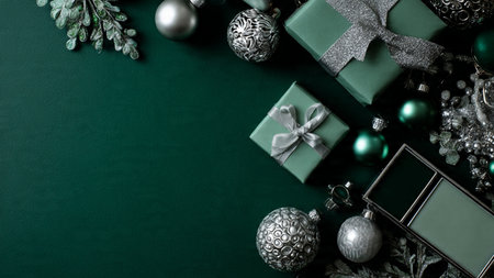 A refined green-and-silver border with subtle shine and balanced placement.の写真素材