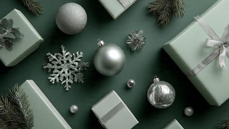 A monochrome green festive frame with subtle silver accents adding contrast around a central blank area.の写真素材