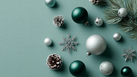 A clean, pure-white center bordered by bold green baubles and metallic silver decor.の写真素材