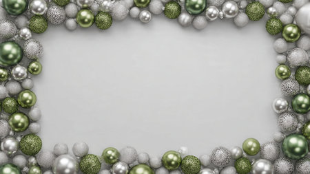 A classic Christmas border combining cool green baubles and reflective silver stars.の写真素材
