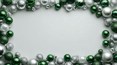 A bright holiday frame with vivid green ornaments and subtle shimmering silver accents.の写真素材
