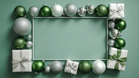 Balanced holiday mockup with evenly placed silver stars and green baubles.の写真素材
