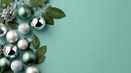 Minimal Christmas frame with delicate green shading and polished silver lines.の写真素材