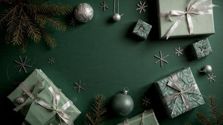 A festive background featuring emerald green dの写真素材