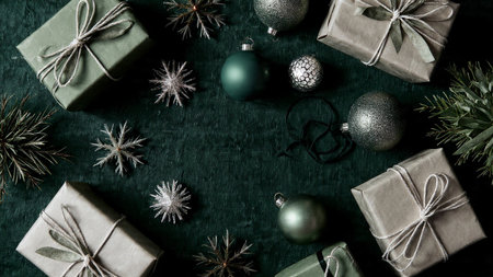 A luxury top-down Christmas mockup in green-and-silver tones with white negative space.の写真素材