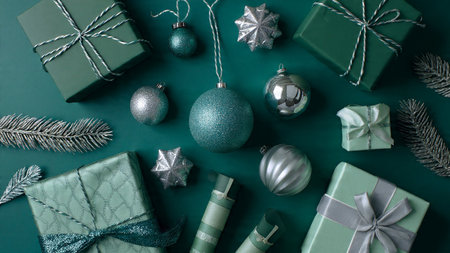 A neat holiday mockup featuring geometric green ornaments paired with textured silver accents.の写真素材