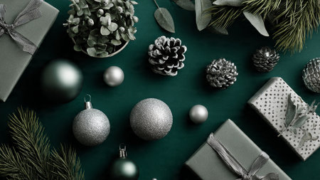 A soft, cool Christmas border with shimmering silver details layered over matte green dの写真素材