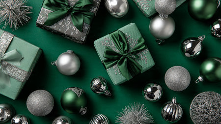 A crisp commercial layout with striking green ornaments framing a clean white center.の写真素材