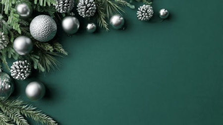 A luxurious Christmas frame with deep green pine textures and shimmering silver ornaments surrounding a blank display area.の写真素材