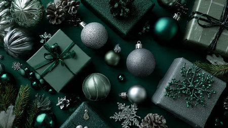 A stunning holiday frame blending rich green tones and luminous silver decorations around an open center.の写真素材