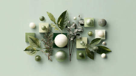 A top-down green Christmas mockup with sparkly silver snowflakes forming an eye-catching border.の写真素材