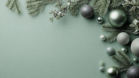 A textured matte green background accented by vintage silver holiday elements.の写真素材