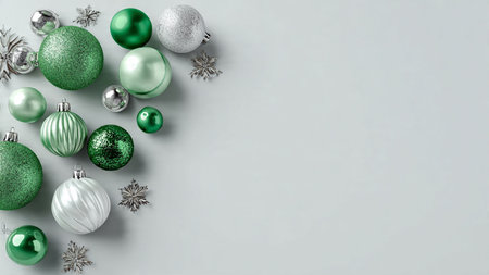Decorative mockup with sparkling silver garlands and emerald ornaments surrounding a blank field.の写真素材