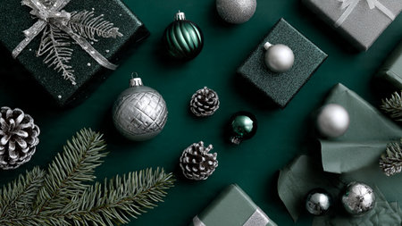 A cool-tone holiday frame featuring emerald baubles and shiny silver stars.の写真素材