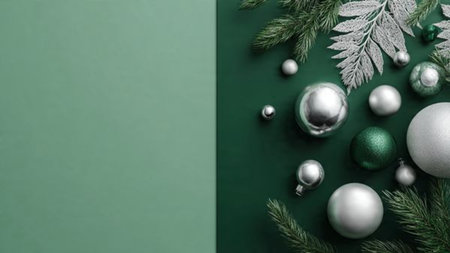 A glamorous holiday design integrating shiny silver ornaments and glossy green dの写真素材