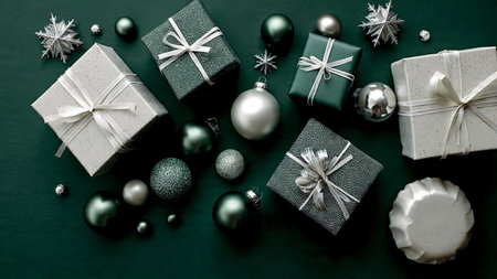 Decorative holiday frame using only two colors: forest green and shimmering silver.の写真素材