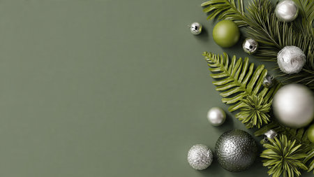 A balanced festive frame using deep green baubles and minimal silver dの写真素材