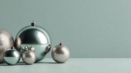 A soft green Christmas mockup bordered by polished silver spheres on both sides.の写真素材