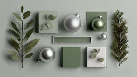 Minimalist border using solid green silhouettes and thin silver strokes.の写真素材