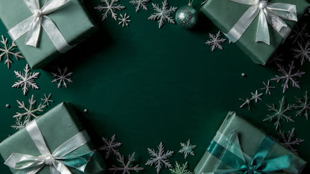 A winter-themed frame featuring cool green ornaments and frosted silver decorations.の写真素材