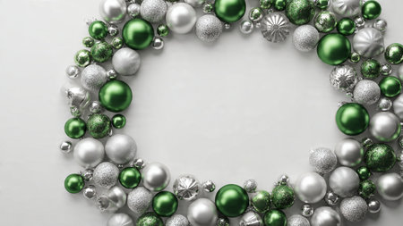 A premium visual frame combining structured green baubles and chrome-finished silver spheres.の写真素材