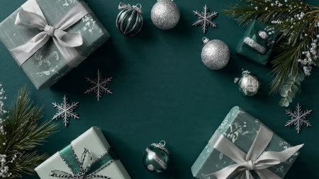 Soft holiday background framed by green matte ornaments and silver glitter pieces.の写真素材