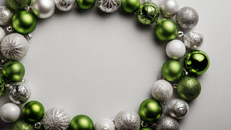 Natural Christmas layout with realistic pine greenery and silver ornaments wrapping the edges.の写真素材