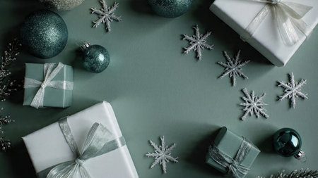 Minimal frame design with subtle green shadows and refined silver sparkles.の写真素材